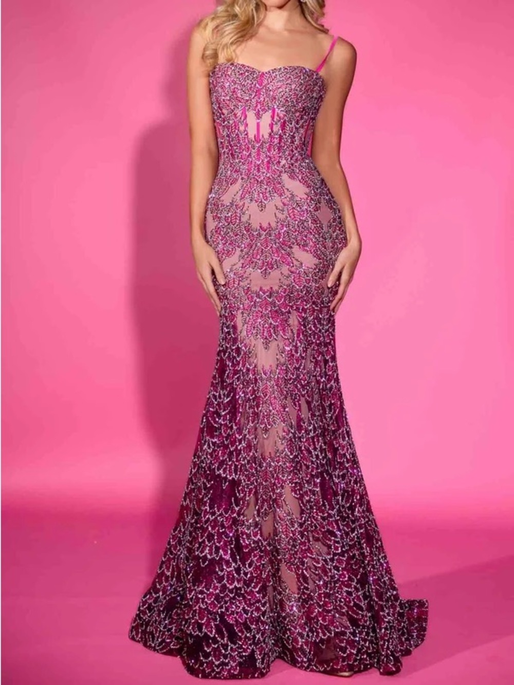 Portia and Scarlett Fitted Beaded Mermaid Gown in Fuchsia Pink